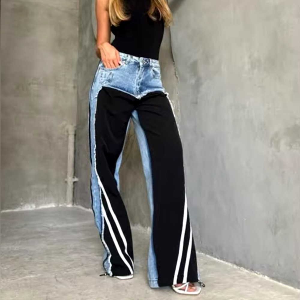 NEW WOMEN’S PATCHWORK STRIPED DENIM JEANS